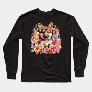 A baby german shepherd decorated with beautiful watercolor flowers Long Sleeve T-Shirt